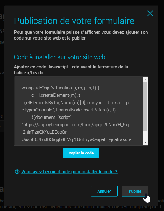 Popup de confirmation pour activer la publication de votre formulaire