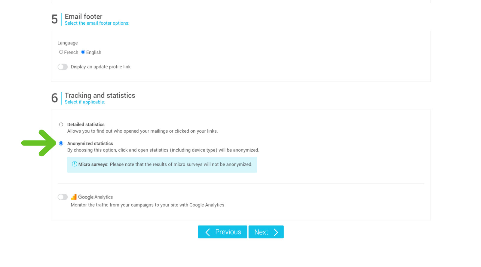 Anonymized statistic option in the mailing configuration